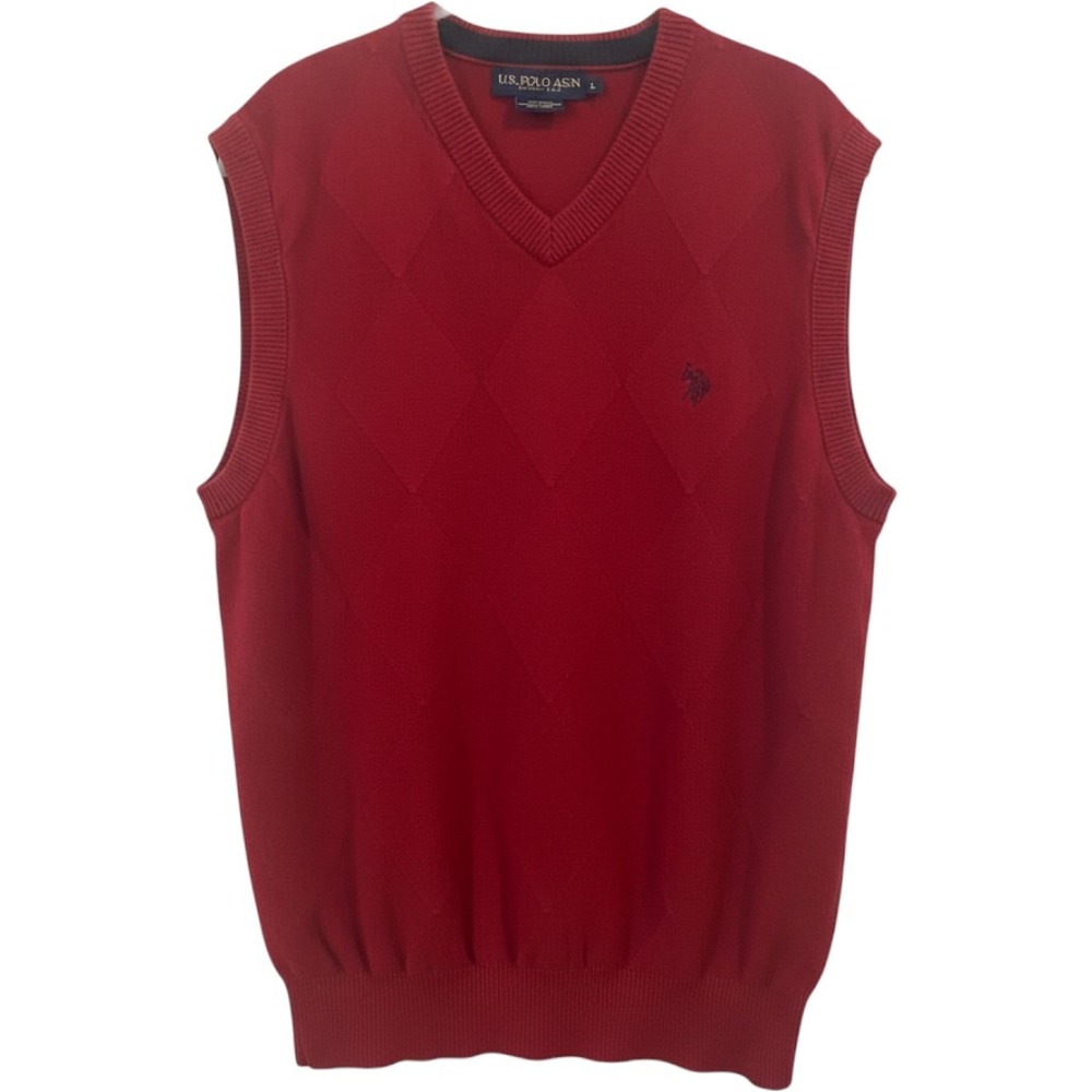 US Polo Assn Red Argyle V-Neck Preppy Sweater Vest 100% Cotton Men's Size Large